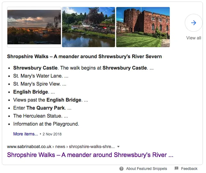 Featured Snippet from Google Shrewsbury